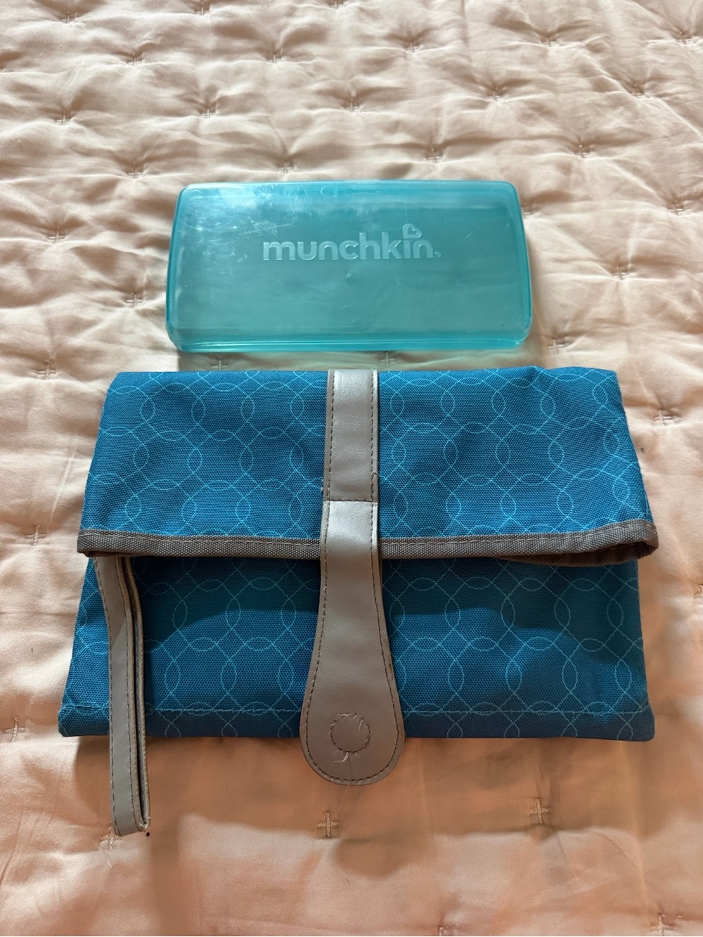 Eddie Bauer Blue Patterned Fold-Over Baby Changing Clutch AND Munchkin wipe box